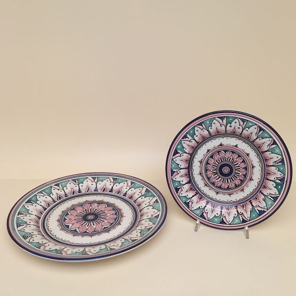 SET OF DINNER PLATES CM.28D. DESIGN: LIGHT PINK AND SEAWATER GREEN - GEOMETRIC